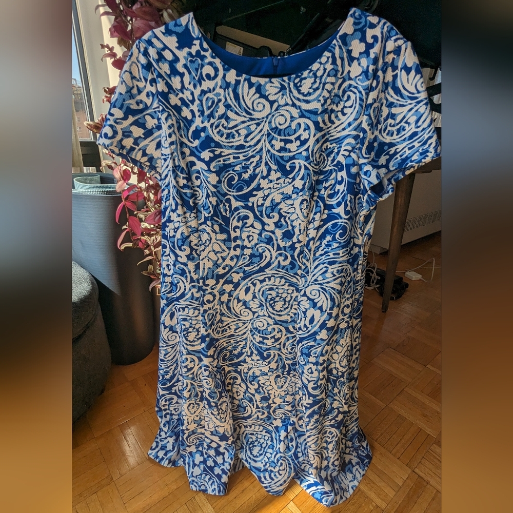 A-line short sleeve blue textured dress